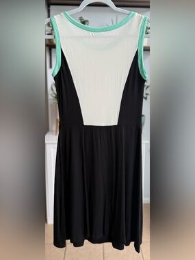 Sleeveless Black Mini Dress with White Panel and Mint Trim